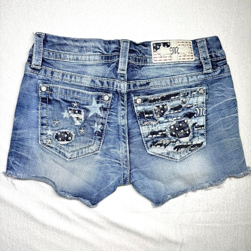 y2k miss me americana mcbling mid rise distressed denim shorts w rhinestones